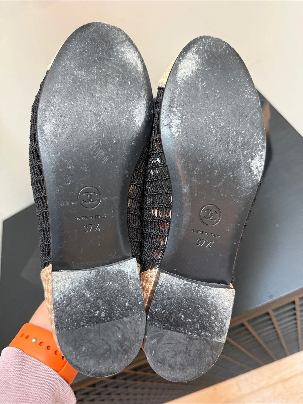 CHANEL Beige and Black Woven Ballet Flats